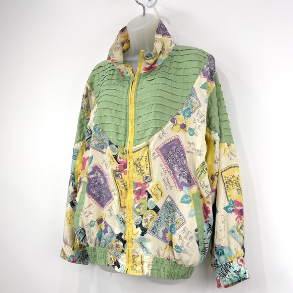 Swell Jacket Women's L Floral  VTG Hawaiian Post Card‎ 100% Silk Artsy Bomber - Picture 8 of 14